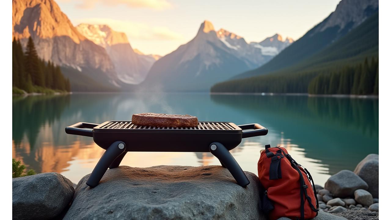 A sleek portable grill set up on a rocky outcrop overlooking a serene Canadian mountain lake at sunrise, with a backpack and camping gear nearby. The grill has a steak sizzling on it.