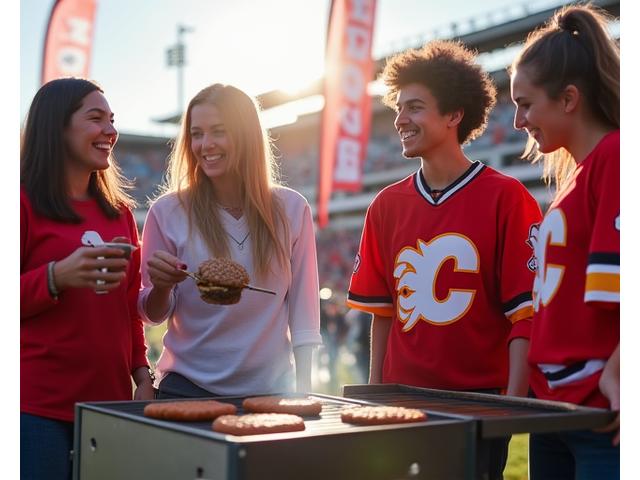 Friends gathered around a portable grill during a lively Flames game tailgate party in Calgary, with team jerseys and flags visible.
