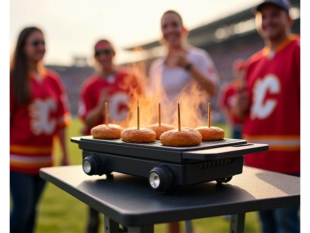 A compact tabletop grill actively cooking skewers at a bustling tailgate party outside a sports stadium, with fans and banners in the background.