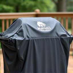 A heavy-duty, weather-resistant cover being placed over a portable grill, protecting it from elements during outdoor storage or transport.