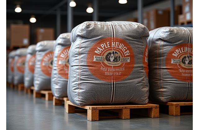 Pallet of stacked Maple Hearth charcoal and wood pellet bags in a clean warehouse.