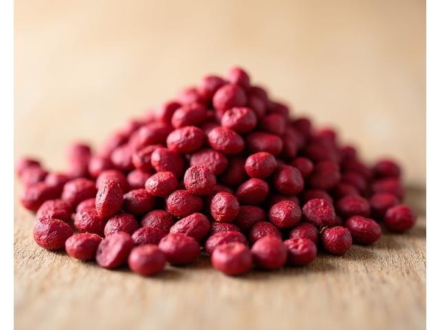 Pile of vibrant red cherry wood pellets, neatly arranged.