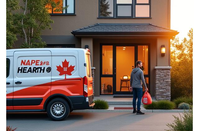 Maple Hearth delivery van parked outside a residential home, with a friendly delivery person bringing a bag of fuel to the door.
