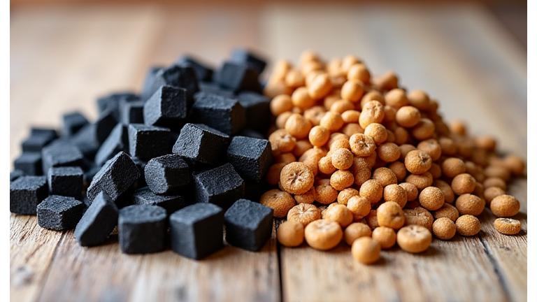 Visual comparison of Maple Hearth premium charcoal and wood pellets next to generic fuel, showing larger, more uniform sizes and vibrant char.