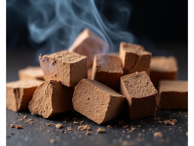 Rough cut hickory wood smoking chunks, emitting a faint curl of smoke.