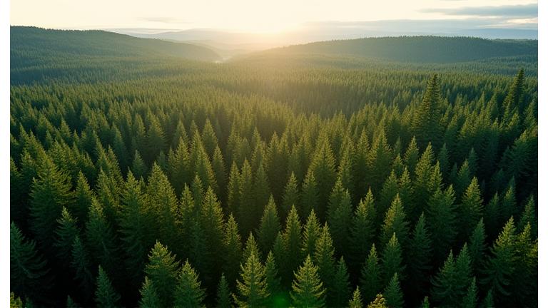 An aerial view of a vibrant, healthy Canadian forest with clear cutting pathways demonstrating sustainable forestry practices.