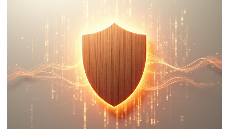 Abstract depiction of digital security and privacy protection, a stylized shield emblem over flowing data lines