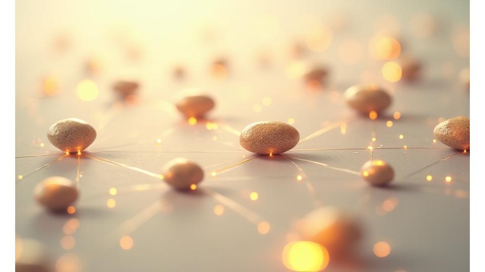 Abstract network of interconnected nodes and lines representing data flow and secure connections, in warm earthy tones