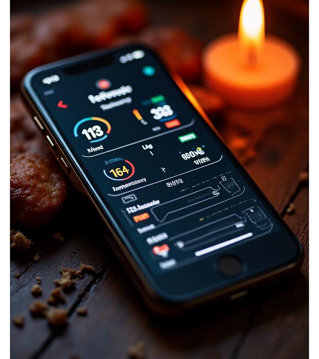 Close-up of a smartphone displaying a smart grill app dashboard