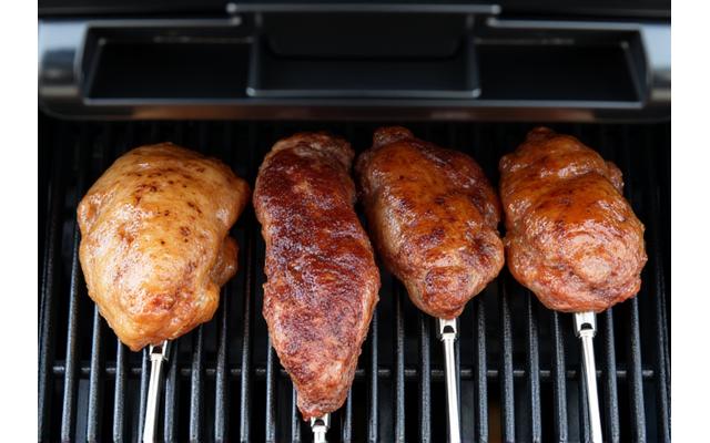 Multiple precision temperature probes inserted into different meats