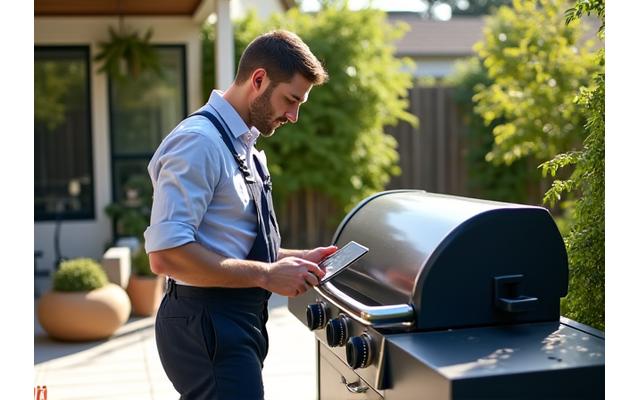 Technician setting up a smart grill in a backyard