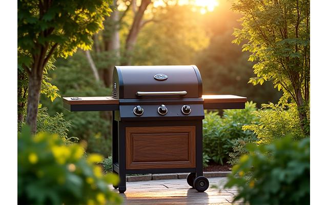 Outdoor grill in a serene, natural backyard setting with lush trees, symbolizing eco-friendly grilling.