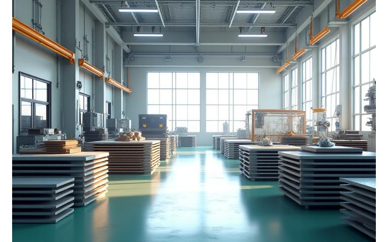 Illustration of a clean, modern manufacturing facility with green energy elements, symbolizing sustainable production.